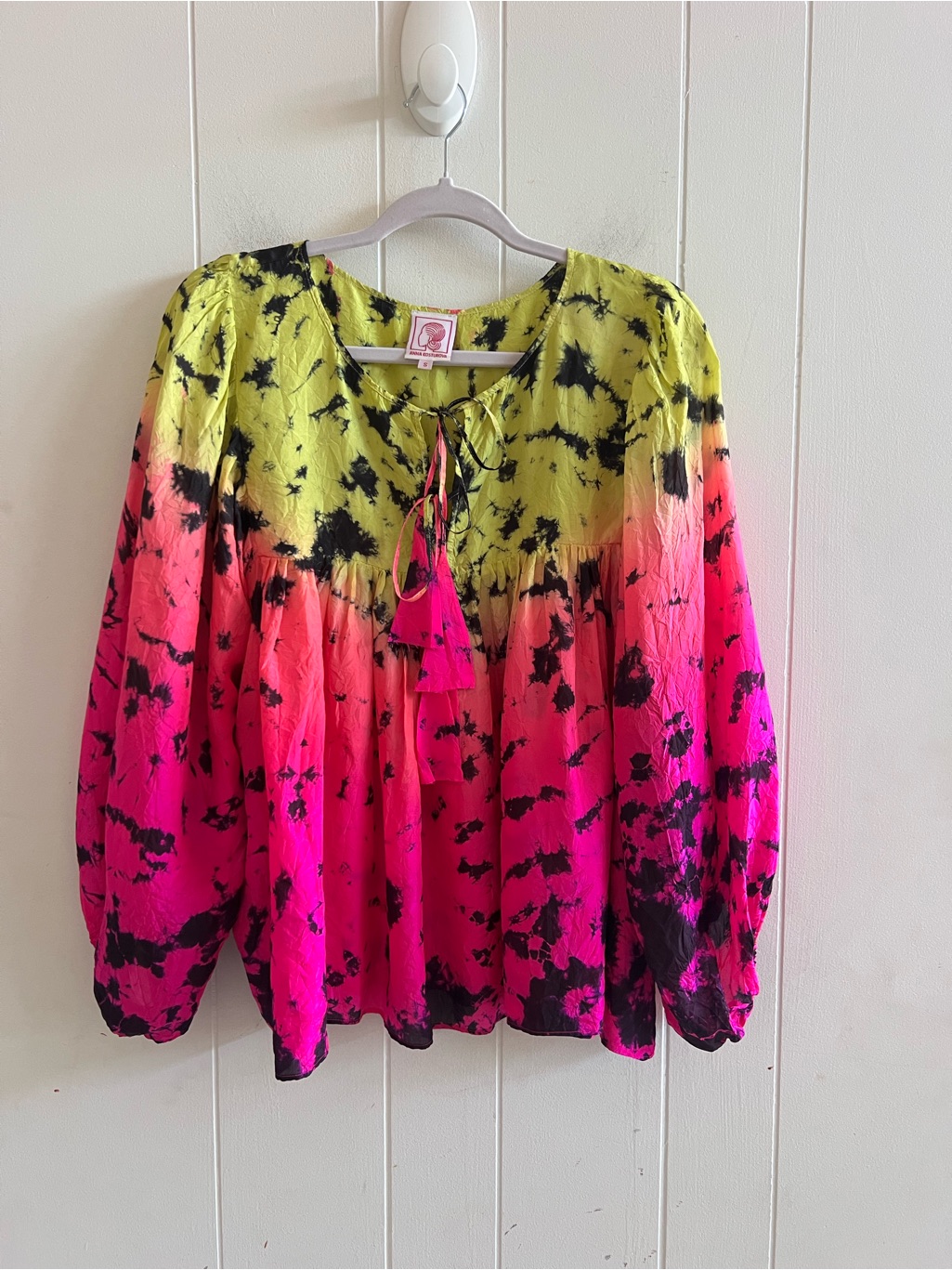 Anna Kosturova Silk Tie-Dye Billowy Sleeve Top - Astral Neon